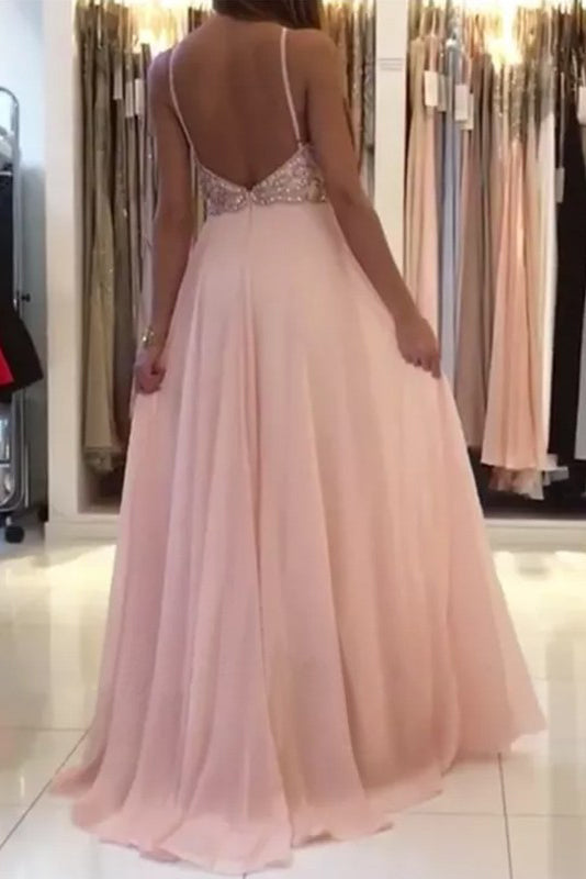 Blush Pink Chiffon Prom Dresses with Beading Rhinstone Flowy Backless Graduation Dresses N1745