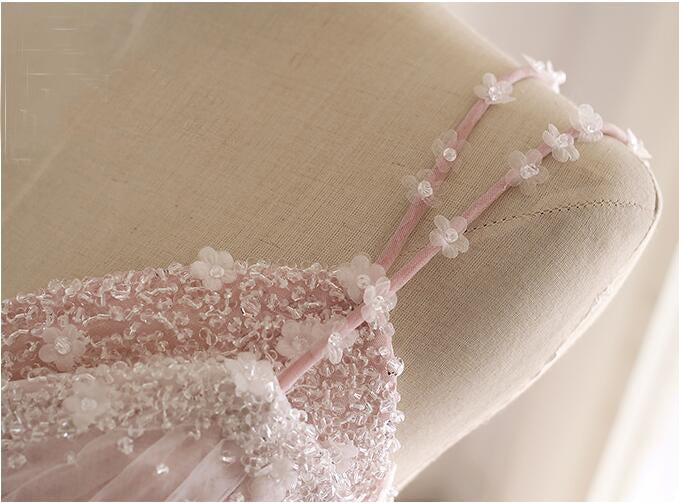 Pink Straps Tulle Prom Dresses with Lace Appliques A-Line Formal Dresses N1488