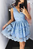 Cute Mini V-Neck Blue Homecoming Dress,Lace Appliqued Short Prom Dress,Sweet 16 Dress,N220