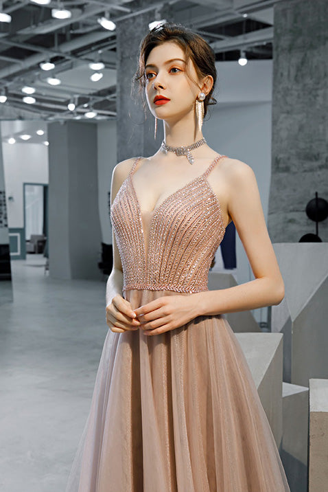 A Line Spaghetti Straps Sequins Open Back Long Prom Dresses