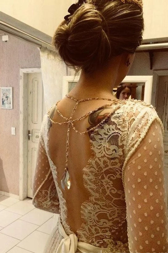 Unique V-Neck Long Sleeve Backless Lace Boho Wedding Dresses