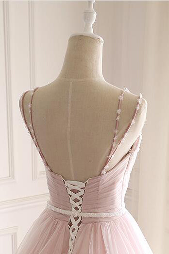 Pink Straps Tulle Prom Dresses with Lace Appliques A-Line Formal Dresses N1488