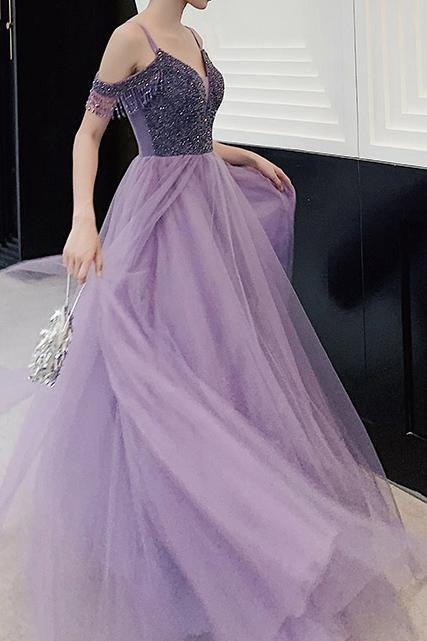 A Line Tulle Elegant Off The Shoulder Beaded Lilac Long Prom Dresses