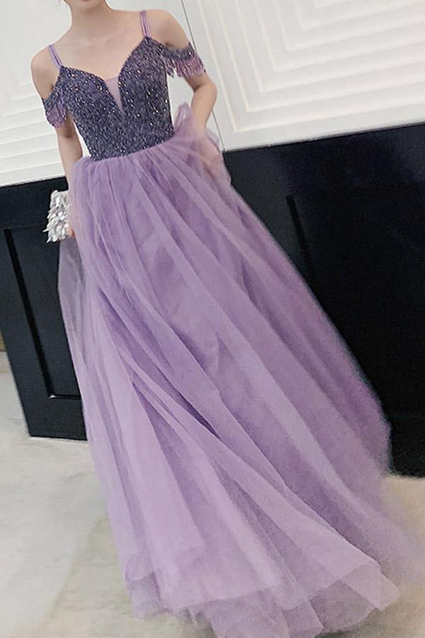 A Line Tulle Elegant Off The Shoulder Beaded Lilac Long Prom Dresses