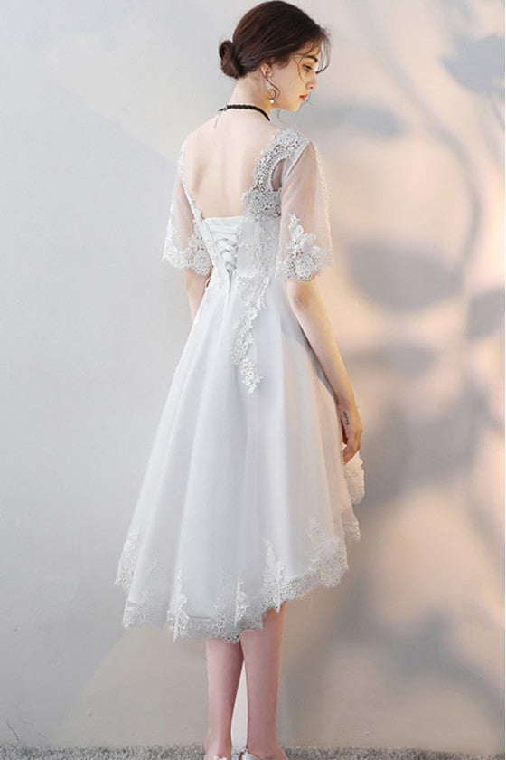 White Lace Short Party Dresses High Low Tulle Homecoming Dresses with Half Sleeves N1909