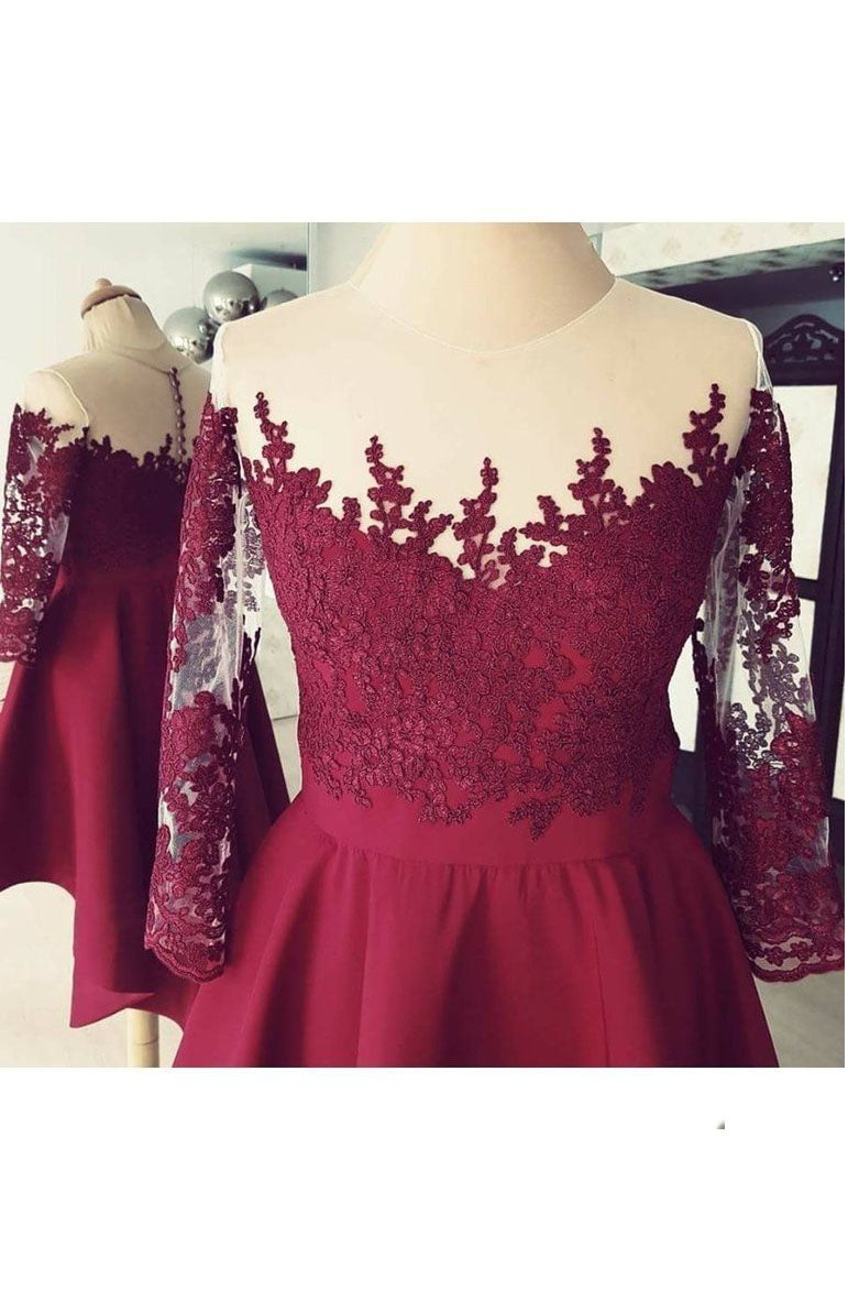 Dark Red Sheer Neck Homecoming Dresses High Low Appliques Satin Short Prom Dresses N1870