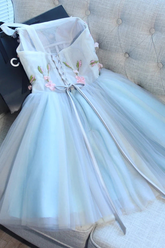 A Line One Shoulder Tulle Homecoming Dresses with Flower N1944
