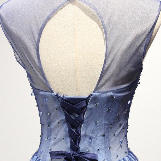 New Arrival A Line Sheer Neck Prom Dresses with Rhinestones Long Tulle Party Dresses N1750
