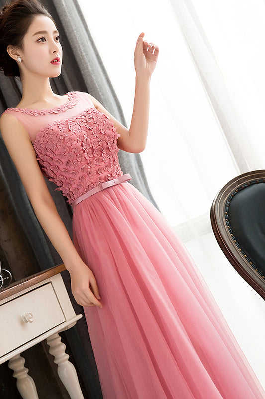 Pink Sleeveless Prom Dresses with Flowers A Line Floor Length Tulle Evening Dresses N1775