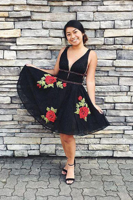 Black Deep V Neck Lace Junior Homecoming Dresses with Flowers Sexy Lace Black Dresses N1868