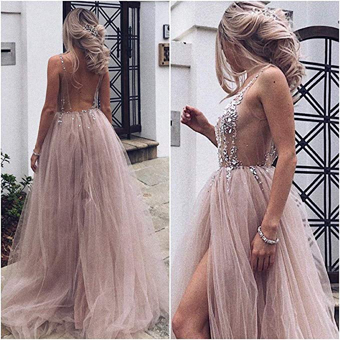 Dusty Pink A-Line Tulle Prom Dresses Sparkly V-Neck Long Graduation Dresses with Rhinestone N1526