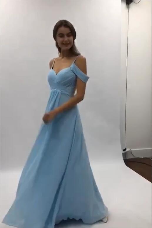A Line Light Blue Chiffon Flowy Long Prom Dresses with Pleats