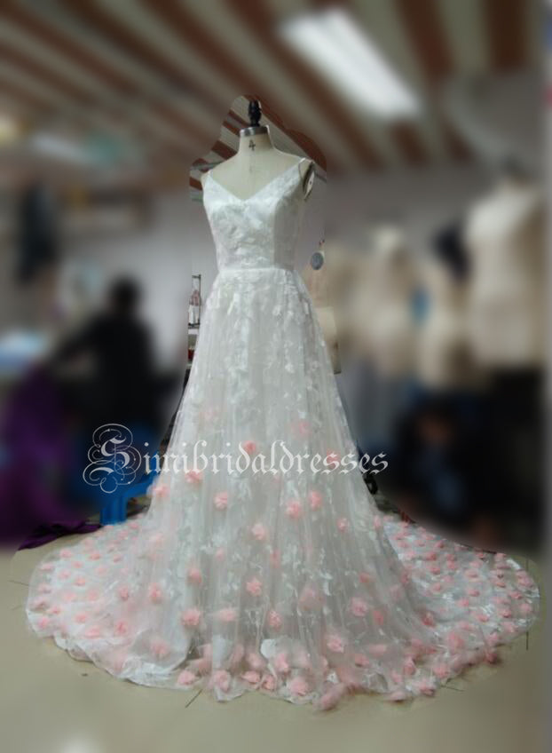 Gorgeous Spaghetti Straps V-Neck Court Train Prom Dresses with Pink Hand-made Flowers N428