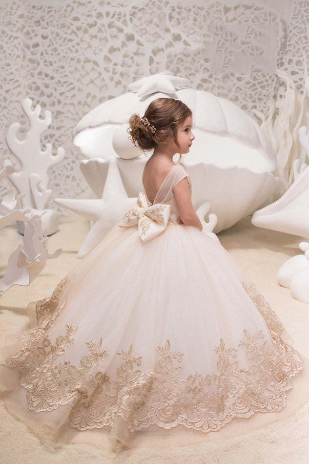 Ivory Ball Gown Tulle Flower Girl Dress with Lace, Backless Flower Girl Dress with Bow F047