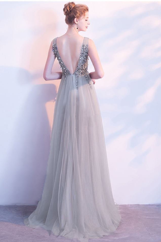 Burgundy V Neck Tulle Prom Dresses with Sequins and Rhinestone N1417