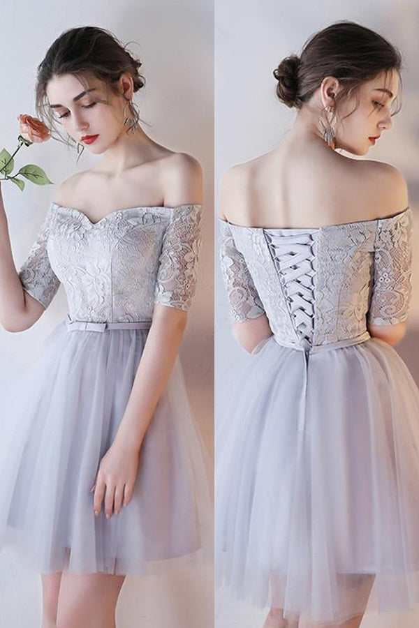 Off-shoulder Homecoming Dress Half Sleeve Lace Tulle Short Prom Dress Graduation Dress