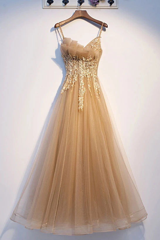 Spaghetti Straps Sleeveless Tulle Prom Dresses, Floor Length Lace Applique Party Dress N2639