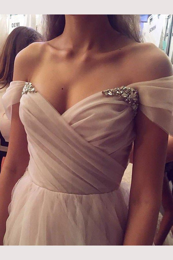 A Line Off the Shoulder Pleated Beaded Tulle Prom Dresses N1359