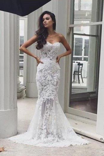Mermaid Sweetheart Long Lace Wedding Dress Strapless Sweep Train Bridal Dress N523