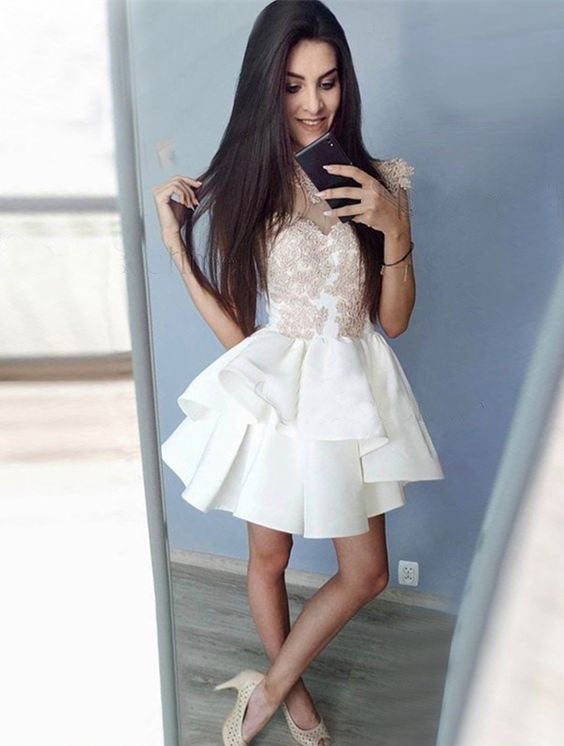 A Line Appliqued Cap Sleeves Homecoming Dresses