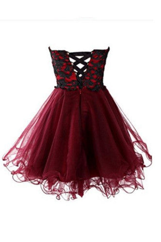 Cute Sweetheart Strapless Burgundy Tulle Short Homecoming Dresses