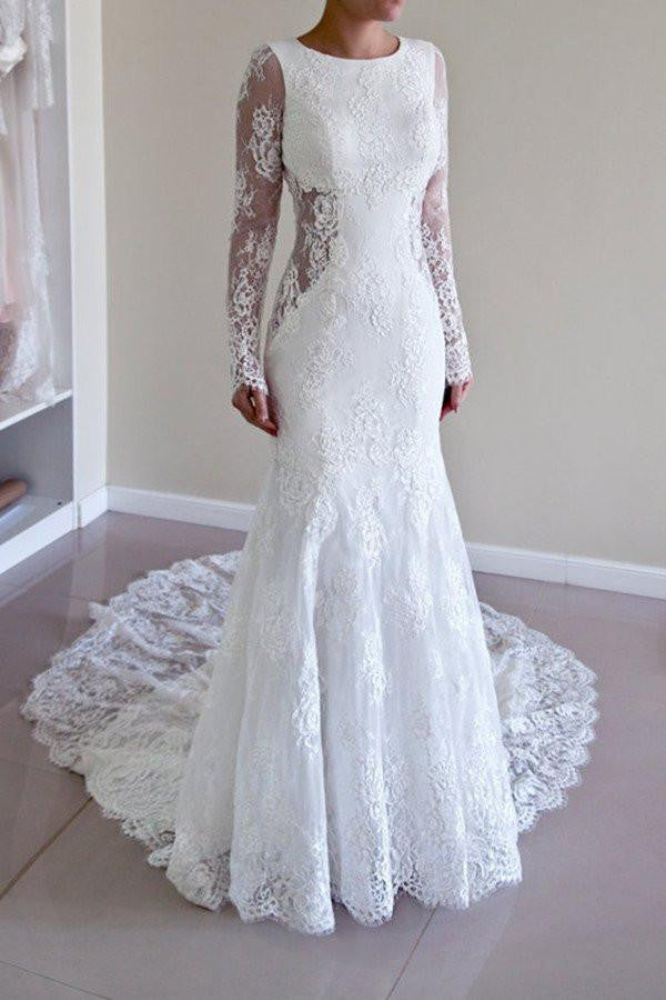 Long Sleeves Open Back Lace Wedding Dress with Train,Mermaid Beach Wedding Dresses,N180