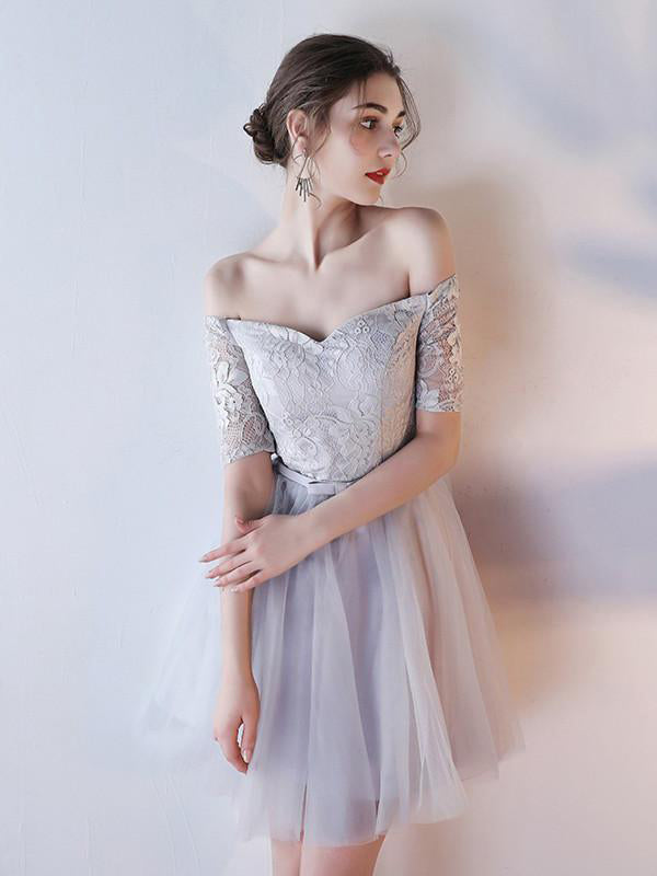 Off The Shoulder Half Sleeves Lace Tulle Short Homecoming Dresses