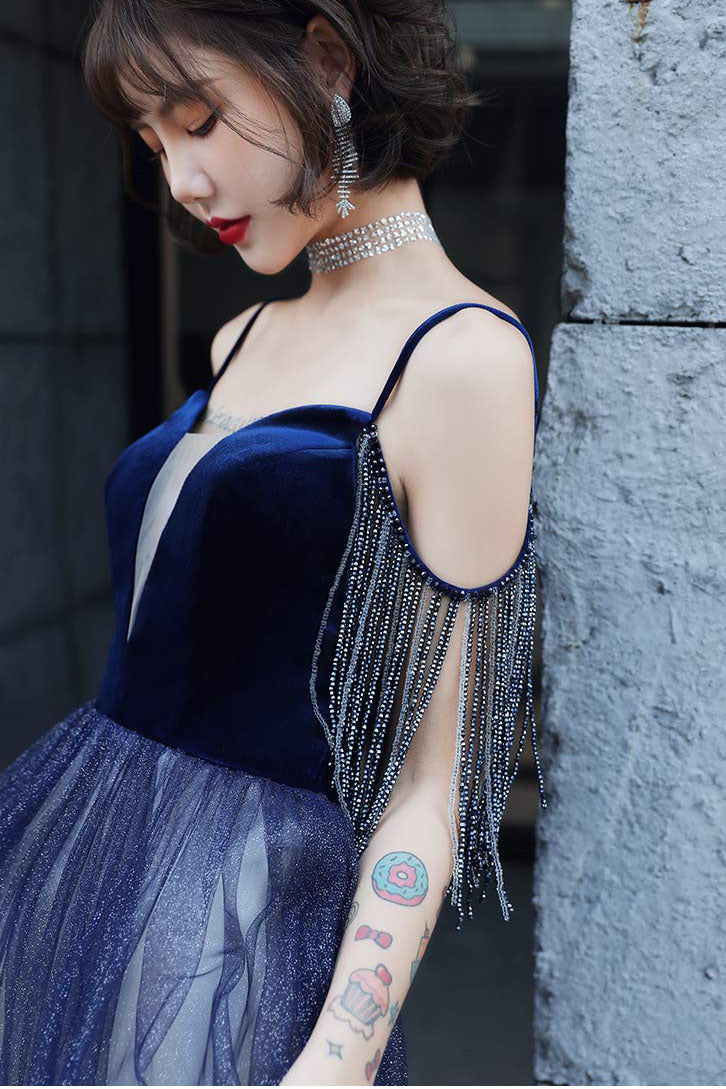 Blue Ombre Spaghetti Straps Long Prom Dress with Tassels Unique Evening Dress N2659