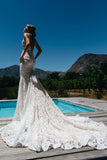 Mermaid Deep V-Neck Sleeveless Ruched Lace Beach Wedding Dresses