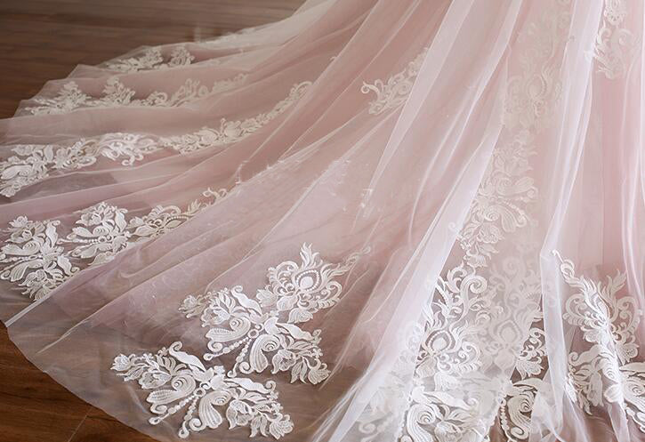 Pink Straps Tulle Prom Dresses with Lace Appliques A-Line Formal Dresses N1488