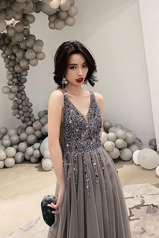 Dark Gray V Neck Sparkly Beading Tulle Prom Dresses with Sequins