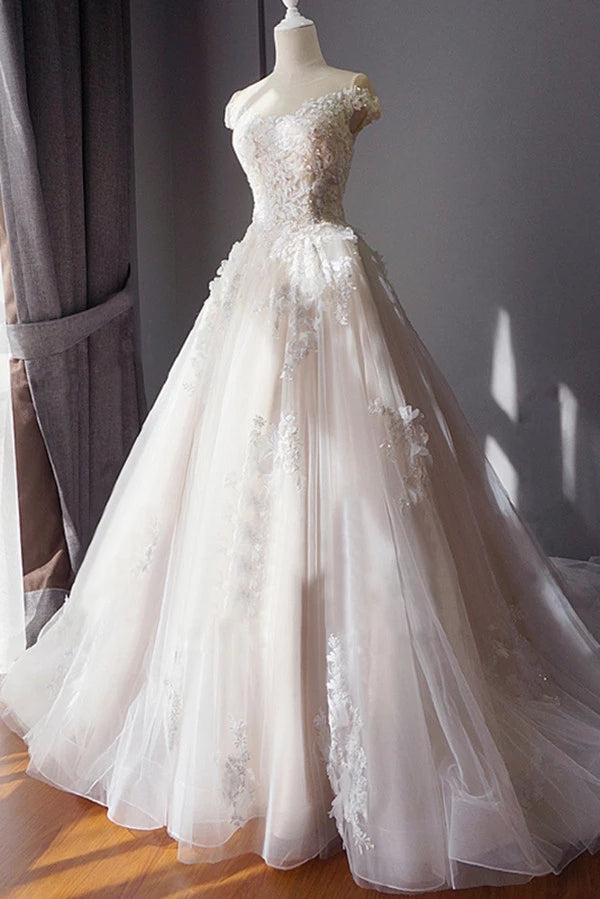 Luxury Off the Shoulder Ball Gown Chapel Train Appliques Wedding Dress –  Simibridaldresses