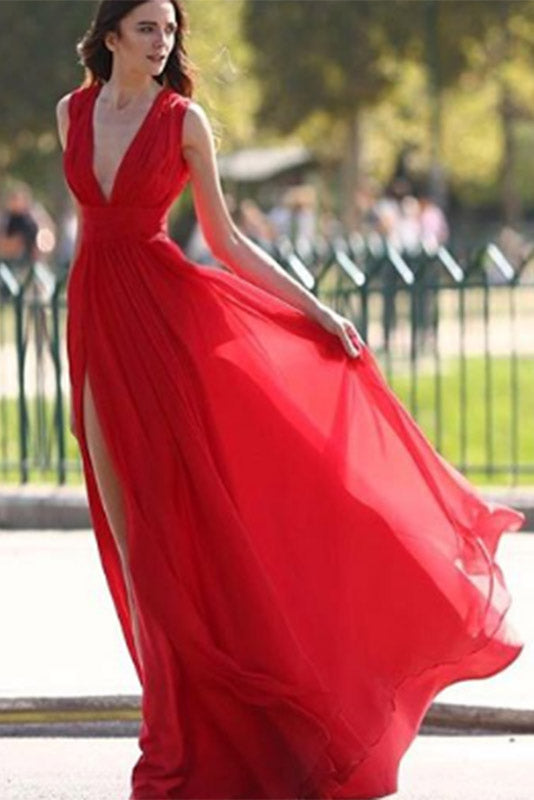 Side Deep V Neck Prom Dress with Pleats, Flowy Split Red Evening Dress N1298 – Simibridaldresses