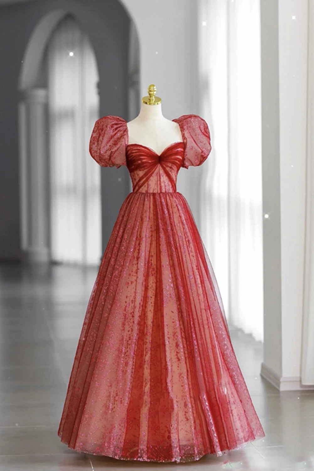 Sweetheart Neck Red A Line Tulle Formal Evening Dress Long Prom Dress