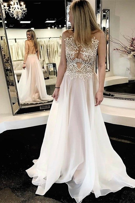 Ivory Long Backless Elegant A-Line Prom Dress With Lace Appliques
