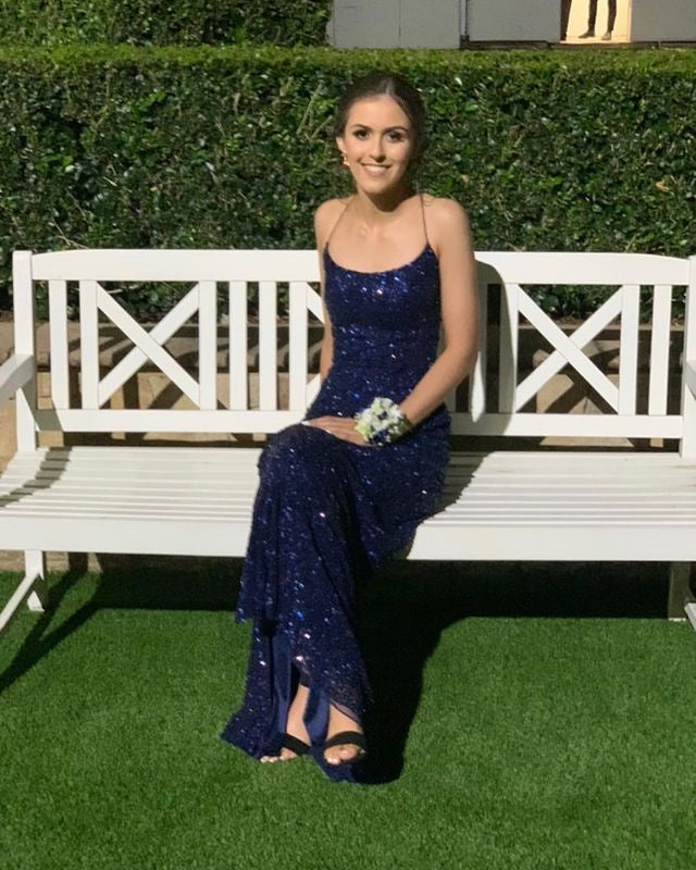 Navy Blue Sequin Long Prom Dresses Mermaid Evening Party Dresses OK1939