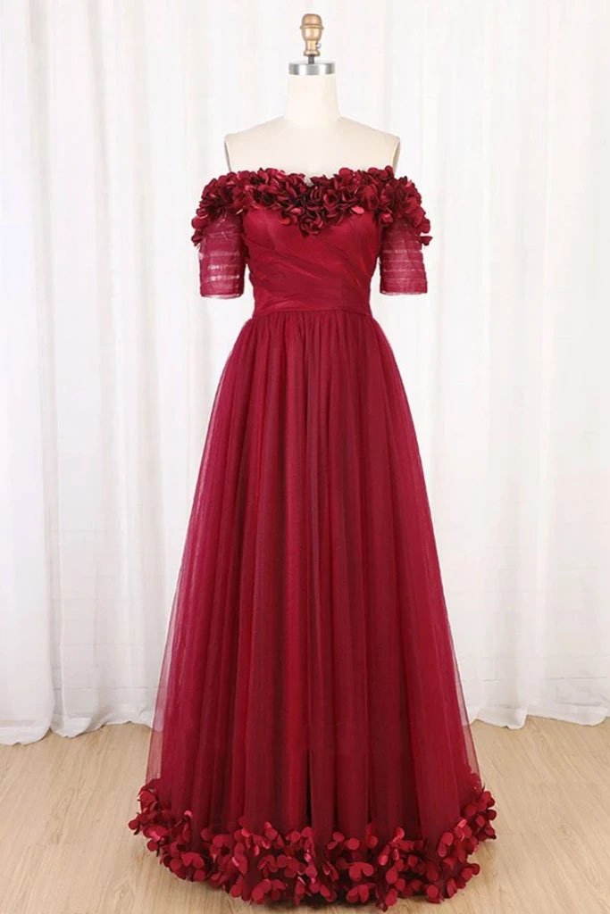 Burgundy Off Shoulder Floor Length Tulle Prom Dress with Appliques,  A Line Tulle Evening Dress N2637
