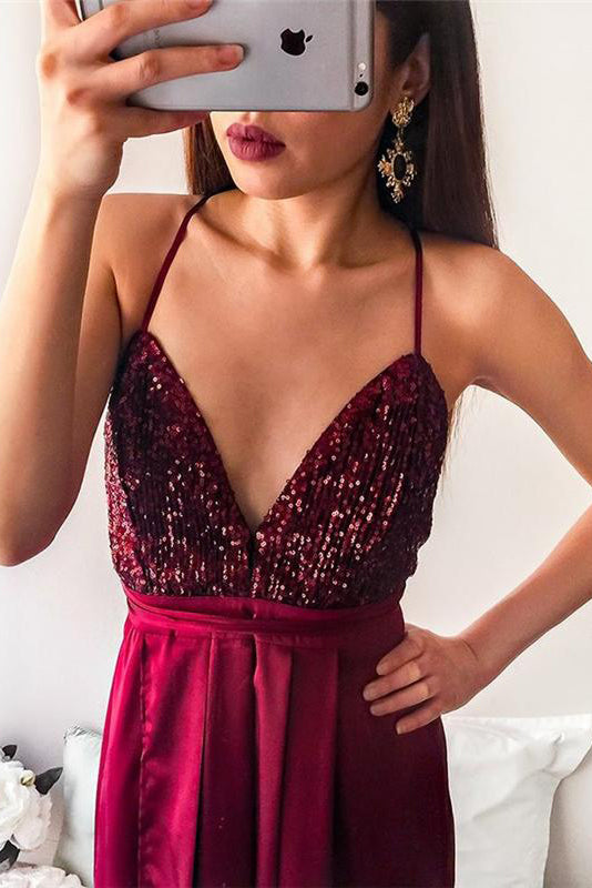 Spaghetti Strap Sequin Top Side Slit Prom Dresses Floor Length Sparkly Prom Dresses N1150