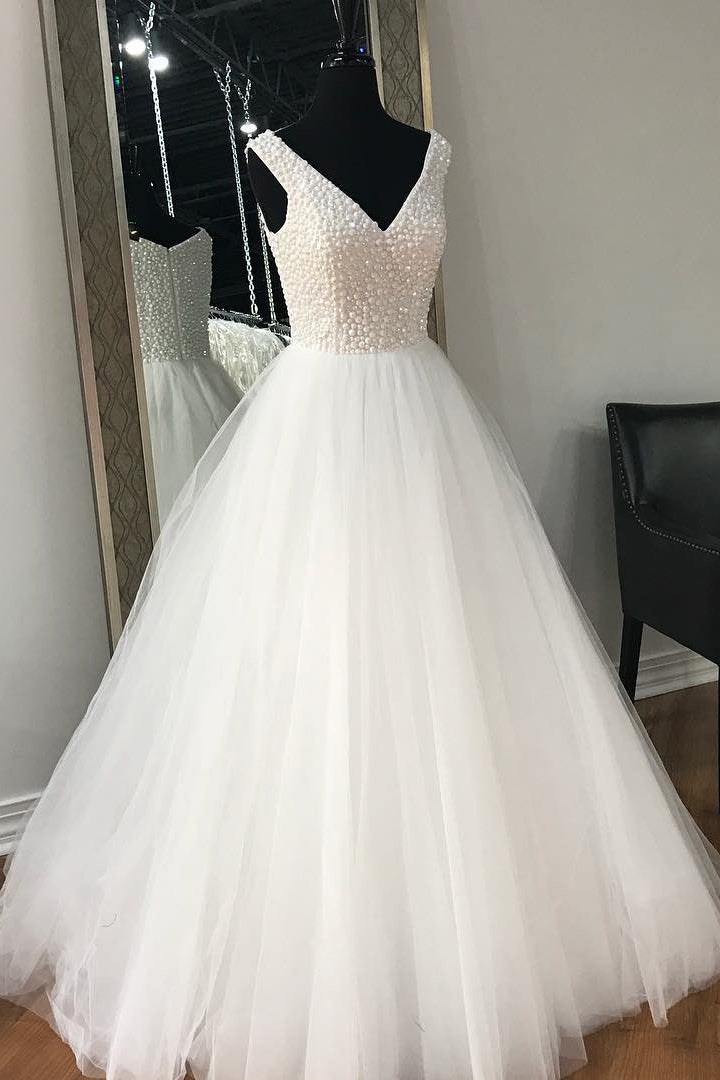 Ivory Floor Length V Neck Wedding Dress with Beads, A Line Sleeveless Tulle Bridal Gown