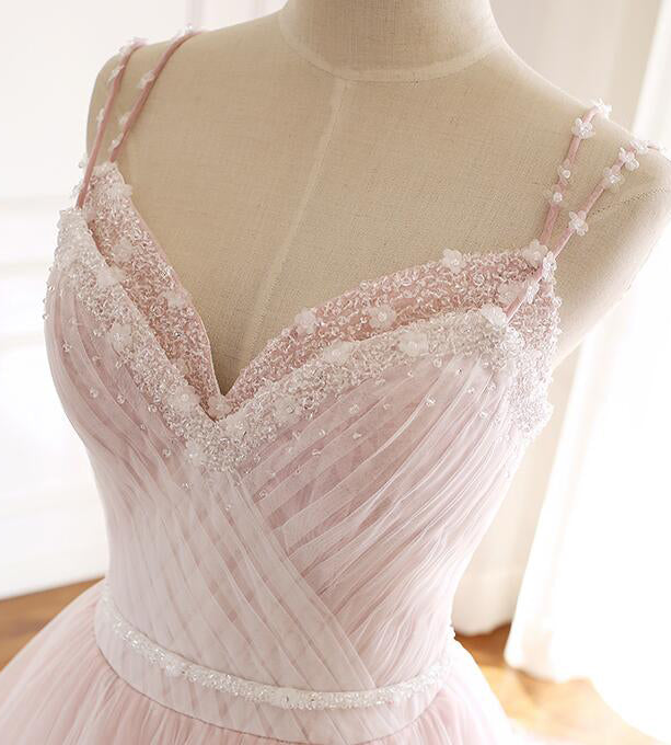 Pink Straps Tulle Prom Dresses with Lace Appliques A-Line Formal Dresses N1488
