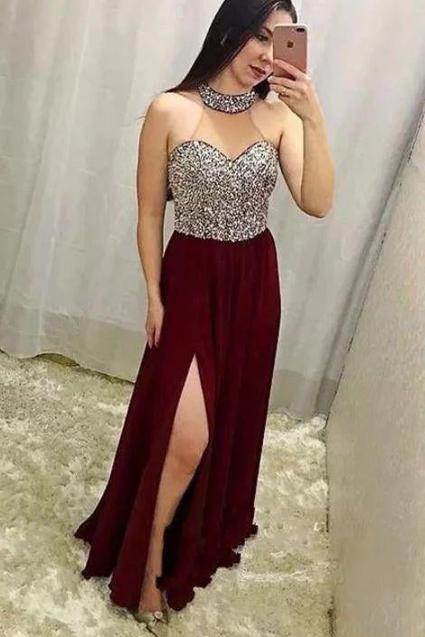 Burgundy A Line Halter Neckline Dance Party Dresses Prom Dresses With Slit
