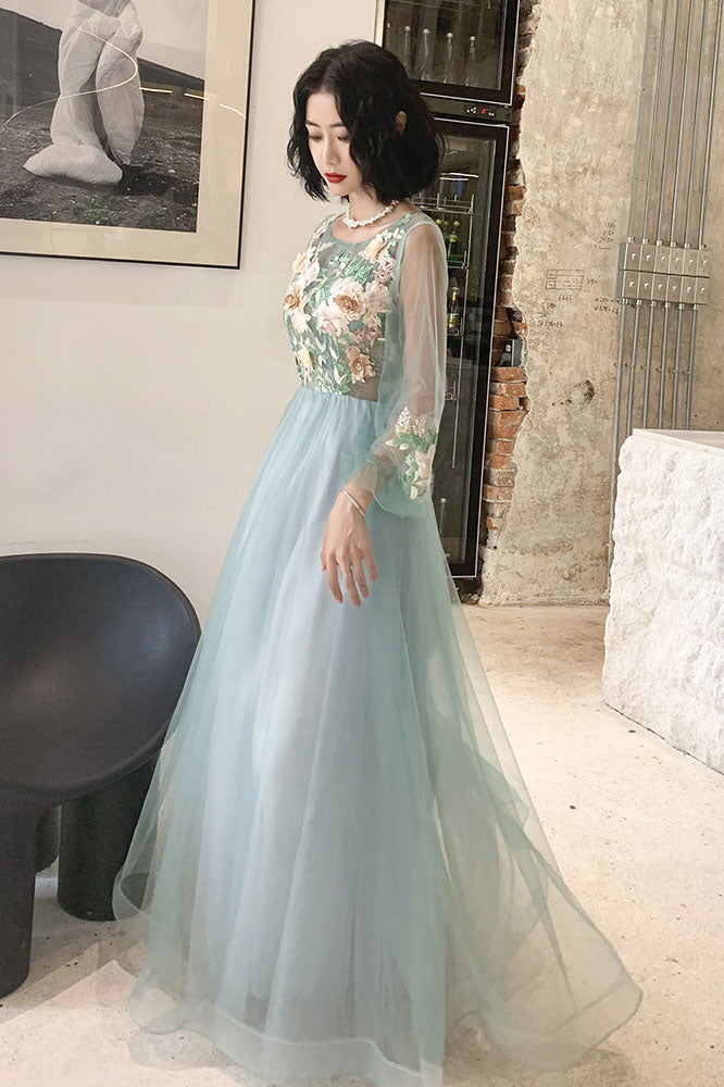 Long Sleeves Appliqued Tulle Prom Dresses Floor Length Appliques Evening Dresses N2324