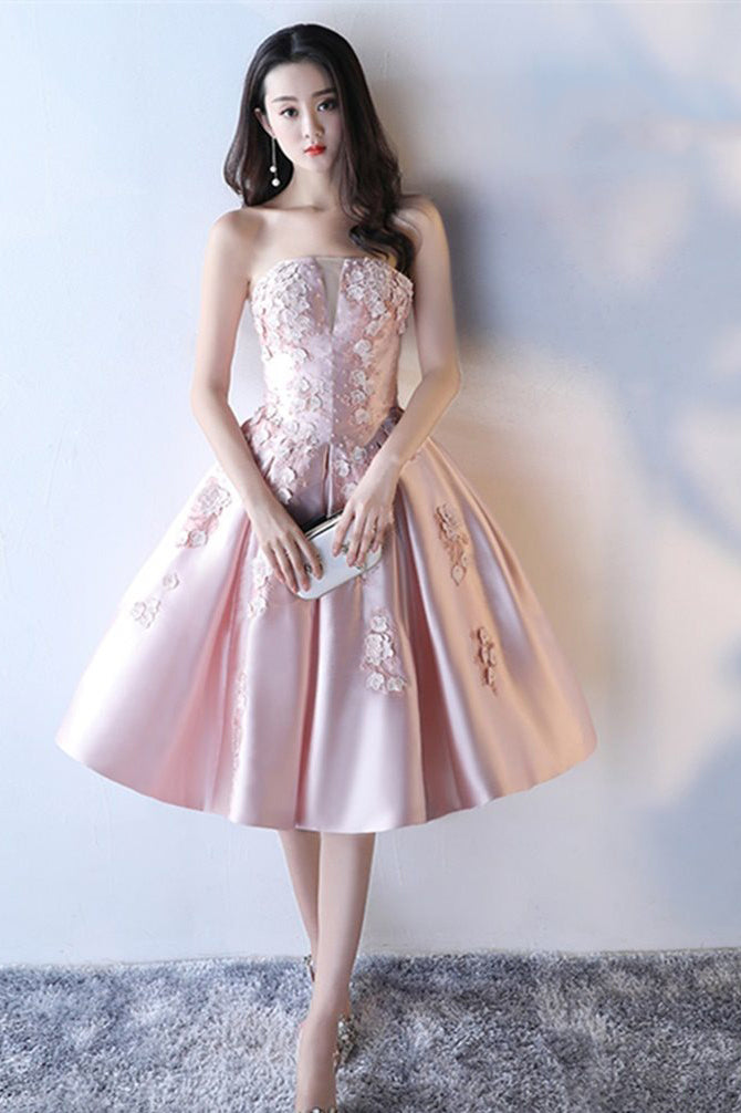 Pink A Line Strapless Applique Knee Length Homecoming Dresses Short Prom Dresses N1950