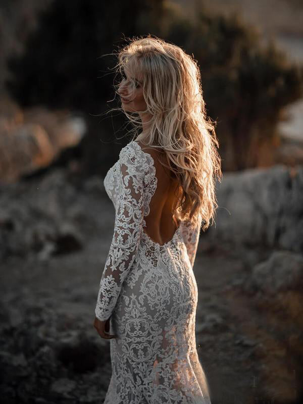 Mermaid V-Neck Boho Long Sleeve Lace Beach Wedding Dress