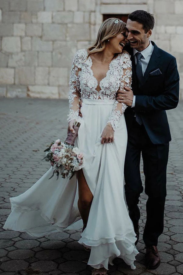 Floor Length Long Sleeves Sheer Neck Split Appliques Chiffon Beach Wedding Dress N2491