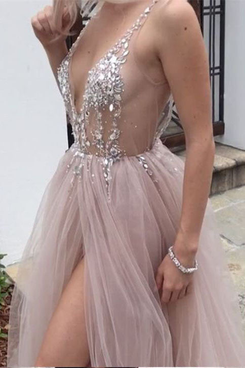 Dusty Pink A-Line Tulle Prom Dresses Sparkly V-Neck Long Graduation Dresses with Rhinestone N1526