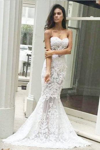 Mermaid Sweetheart Long Lace Wedding Dress Strapless Sweep Train Bridal Dress N523