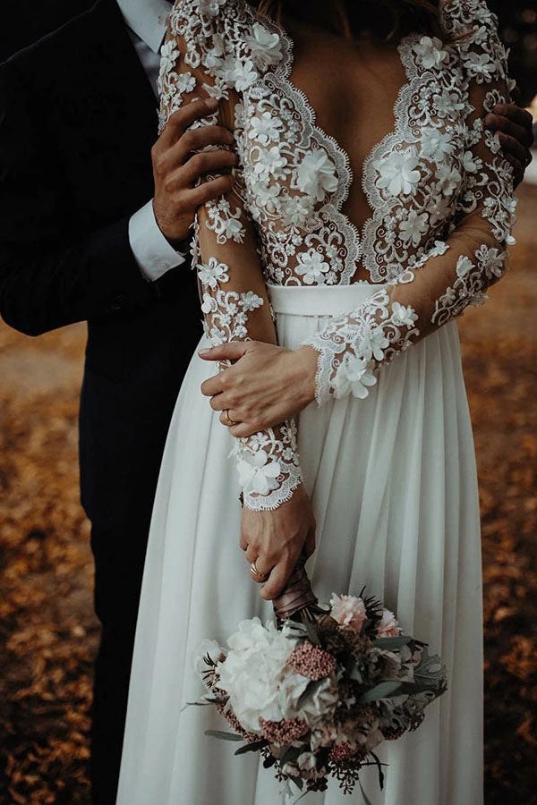 Floor Length Long Sleeves Sheer Neck Split Appliques Chiffon Beach Wedding Dresses N2491