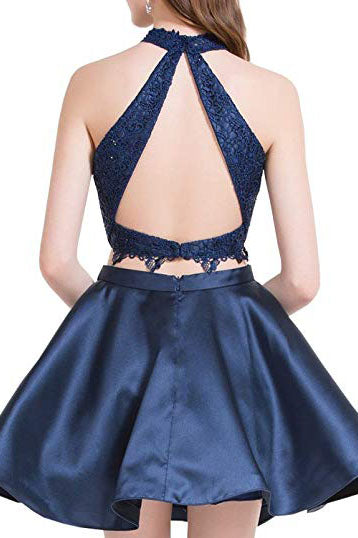 Two Piece Navy Blue High Neck Homecoming Dresses with Lace A Line Satin Graduation Dresses N1853