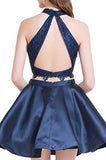 Two Piece Navy Blue High Neck Homecoming Dresses with Lace A Line Satin Graduation Dresses N1853